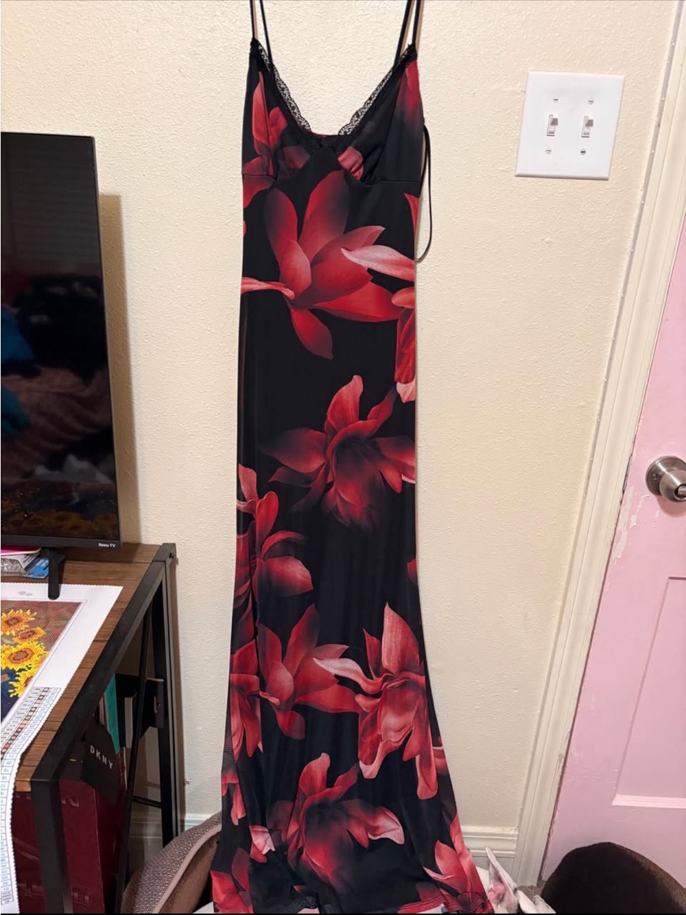Red Floral Maxi Slip Dress with Lace Trim